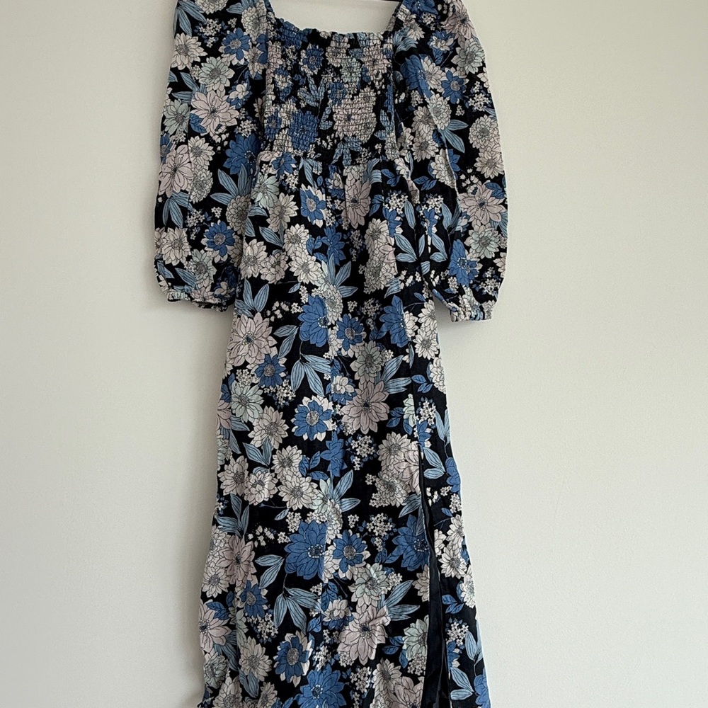 J. Crew Long Sleeve Floral Dress in Blue and Black